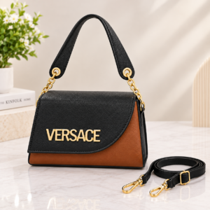 Women’s Black and Brown Sling Bag with Gold-Tone Hardware and Detachable Adjustable Strap