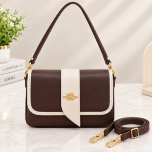 Women’s Chocolate Brown and Cream Sling Bag with Detachable Adjustable Strap and Gold-Tone Hardwar