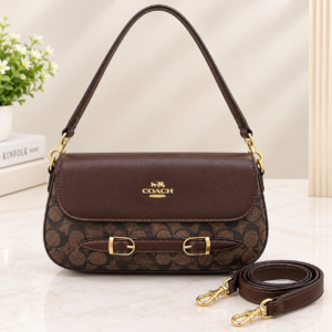 Women’s Dark Brown Monogram Sling Bag with Detachable Adjustable Strap and Gold-Tone Buckle
